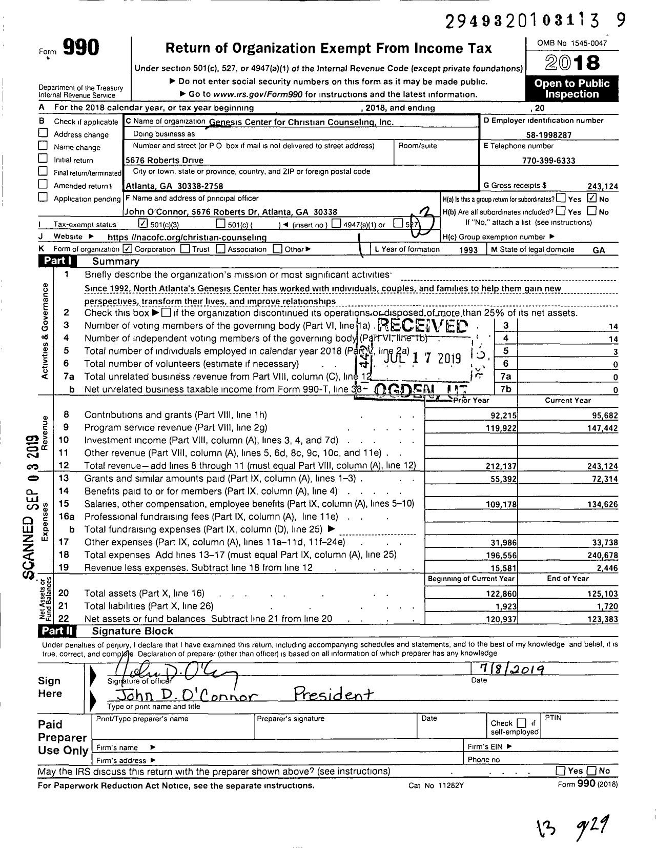 Image of first page of 2018 Form 990 for Genesis Center for Christian Counseling