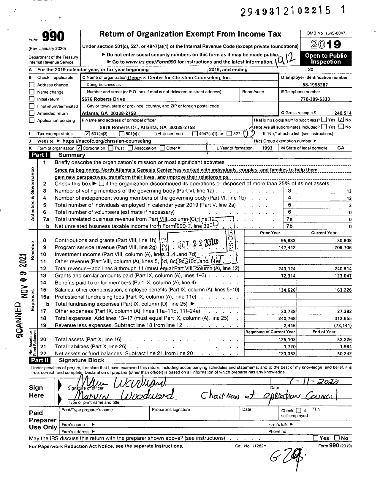 Image of first page of 2019 Form 990 for Genesis Center for Christian Counseling