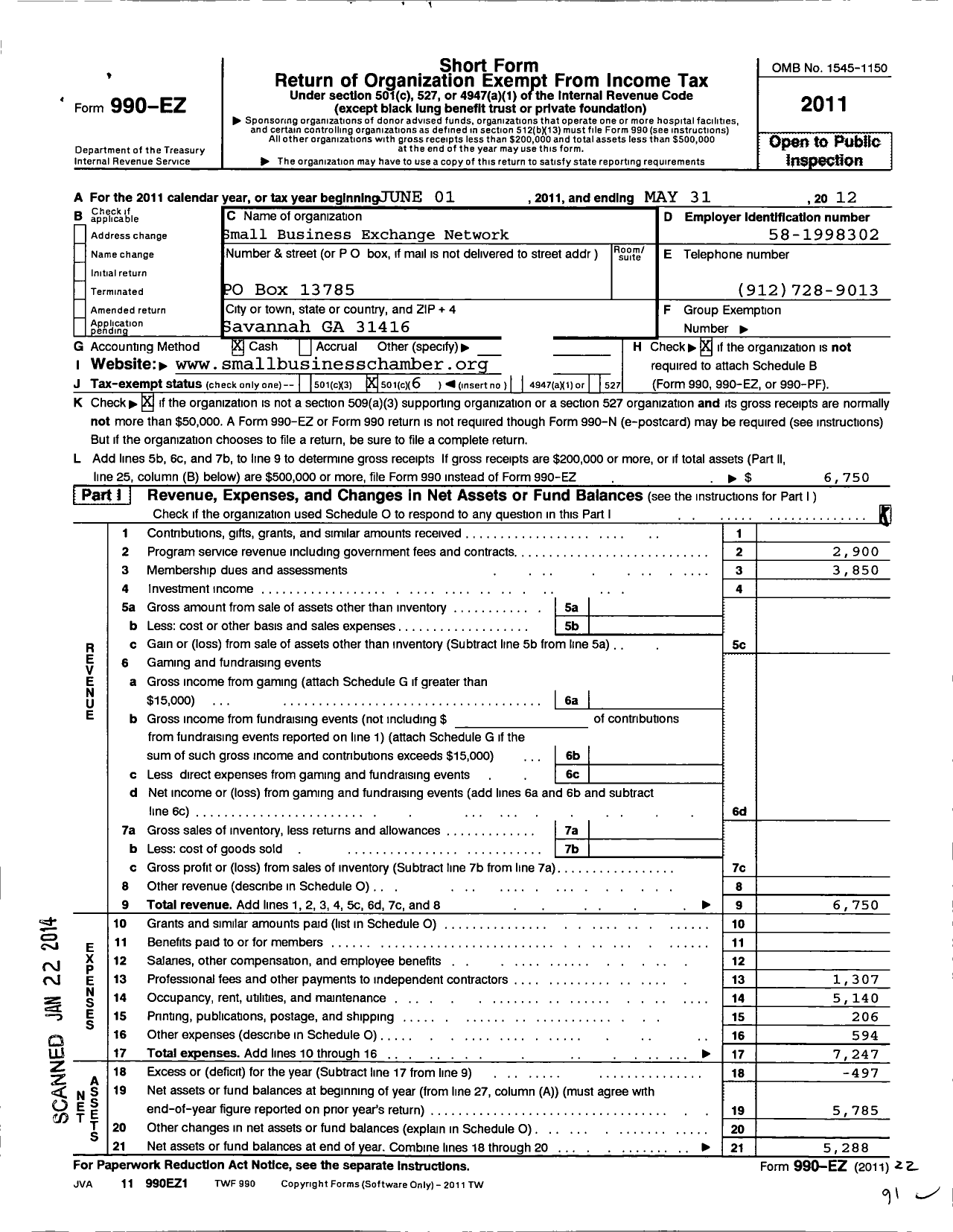 Image of first page of 2011 Form 990EO for Small Business Exchange Network