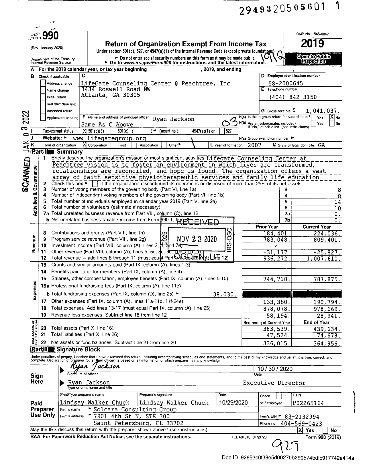 Image of first page of 2019 Form 990 for Lifegate Counseling Center at Peachtree