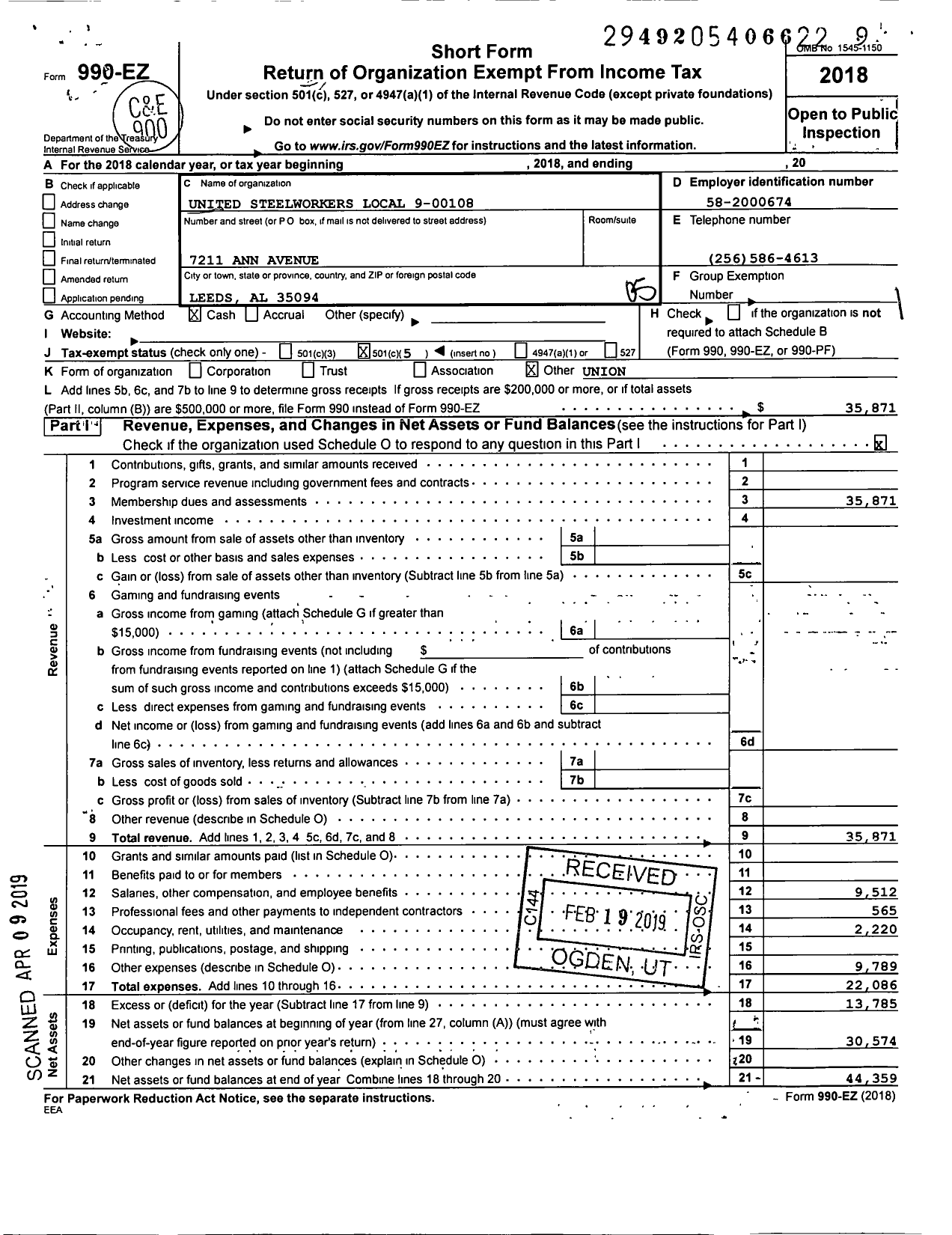 Image of first page of 2018 Form 990EO for United Steelworkers - 00108 Local