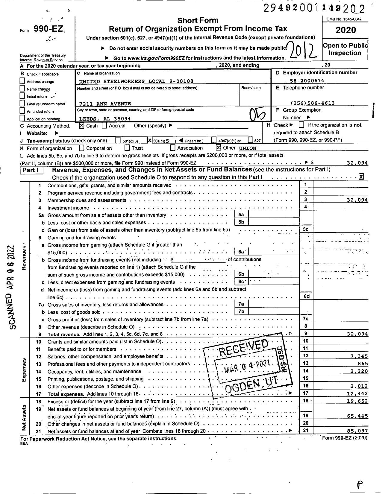 Image of first page of 2020 Form 990EO for United Steelworkers - 00108 Local