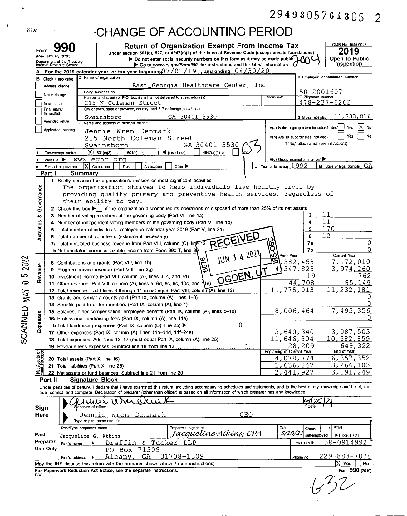 Image of first page of 2019 Form 990 for East Georgia Healthcare Center (EGHC)