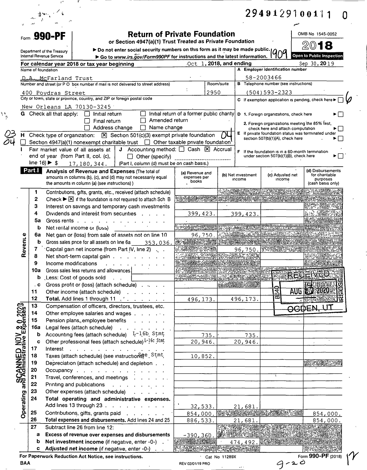 Image of first page of 2018 Form 990PF for Da Mcfarland Trust