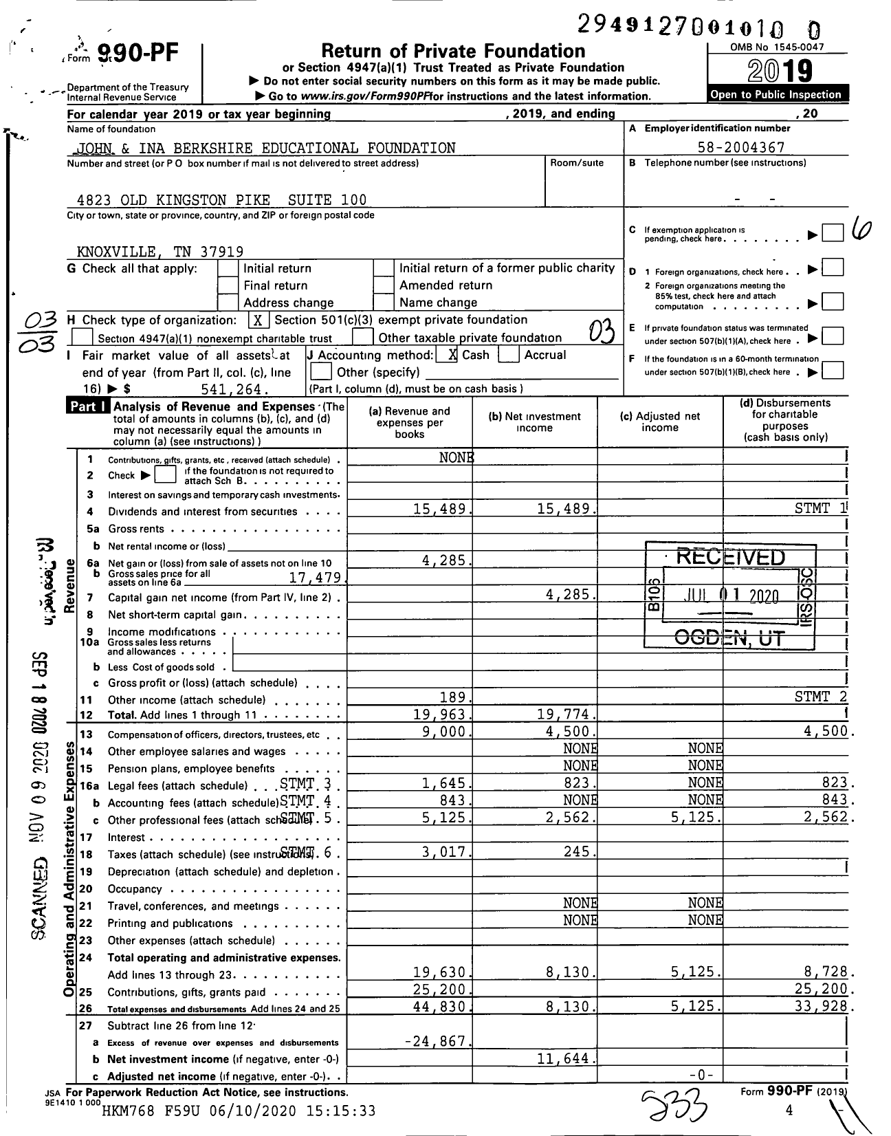 Image of first page of 2019 Form 990PF for John and Ina Berkshire Educational Foundation