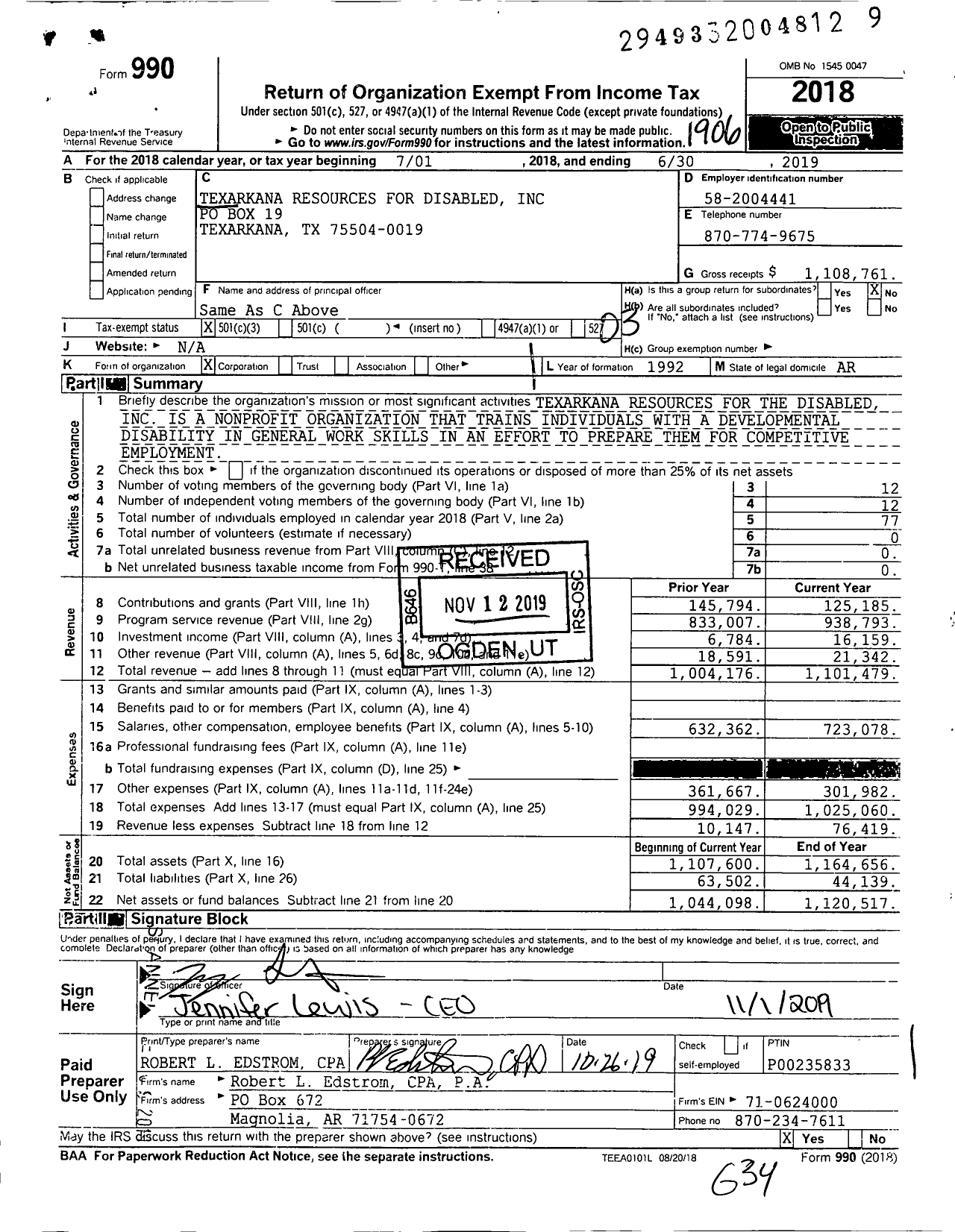 Image of first page of 2018 Form 990 for Texarkana Resources for Disabledin