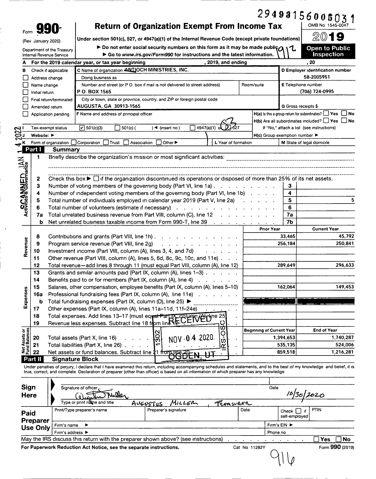 Image of first page of 2019 Form 990 for Antioch Ministries