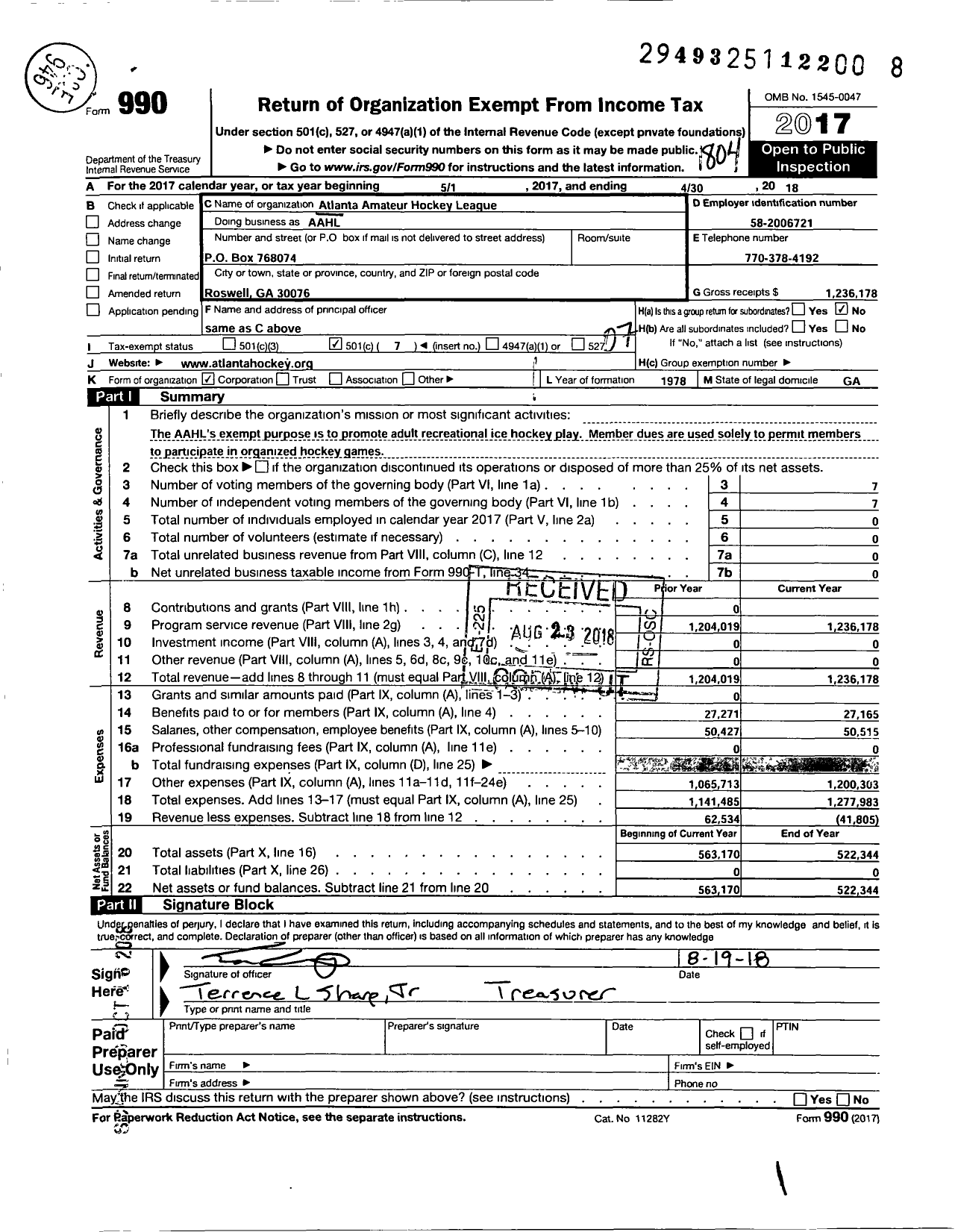 Image of first page of 2017 Form 990O for Atlanta Amateur Hockey League (AAHL)