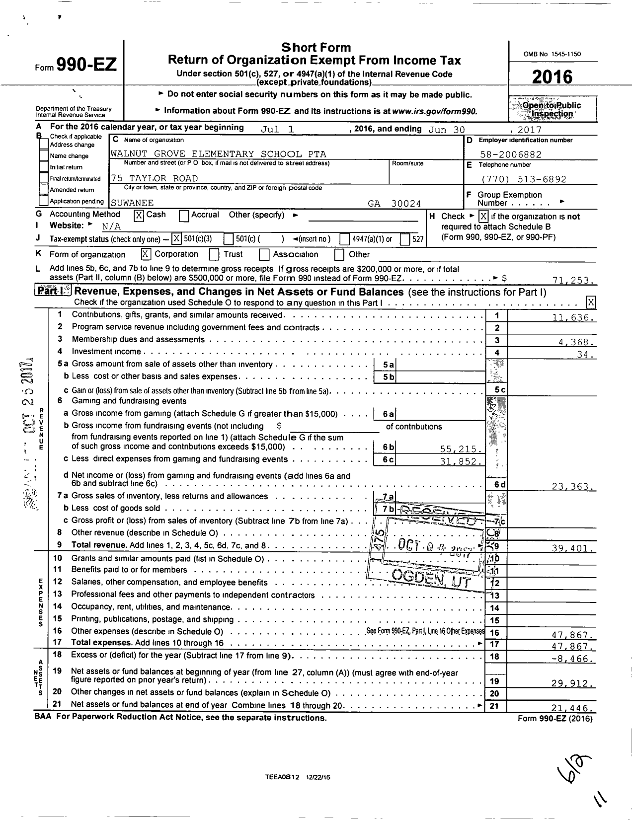 Image of first page of 2016 Form 990EZ for Georgia PTA - Walnut Grove Elementary PTA