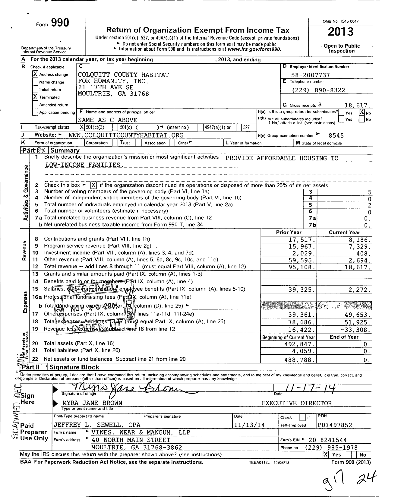 Image of first page of 2013 Form 990 for Colquitt County Habitat for Humanity