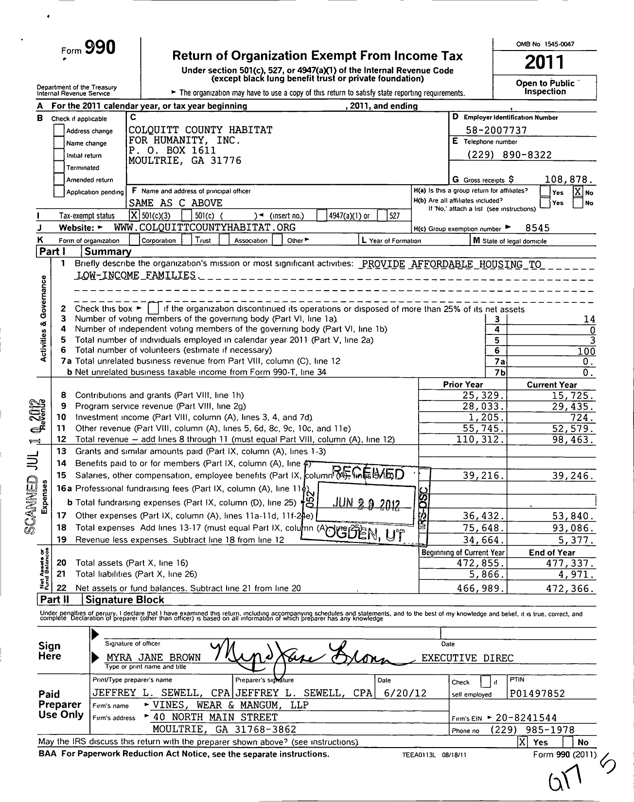 Image of first page of 2011 Form 990 for Colquitt County Habitat for Humanity