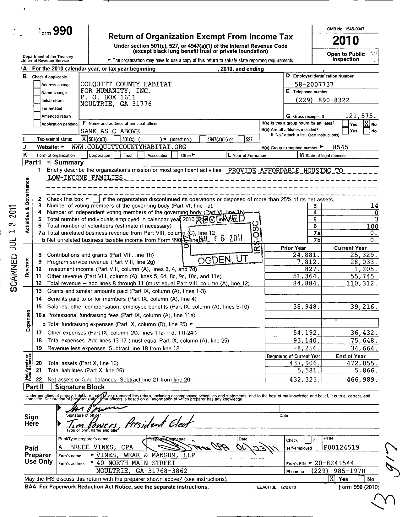 Image of first page of 2010 Form 990 for Colquitt County Habitat for Humanity