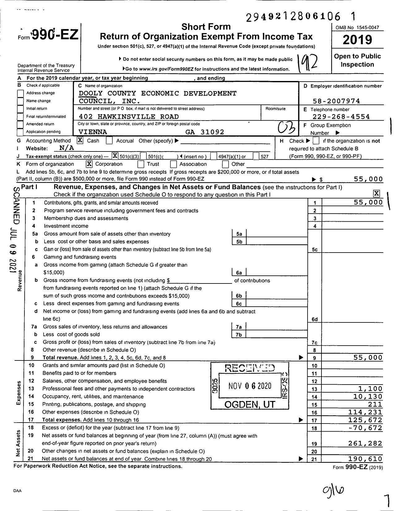 Image of first page of 2019 Form 990EZ for Dooly County Economic Development Council