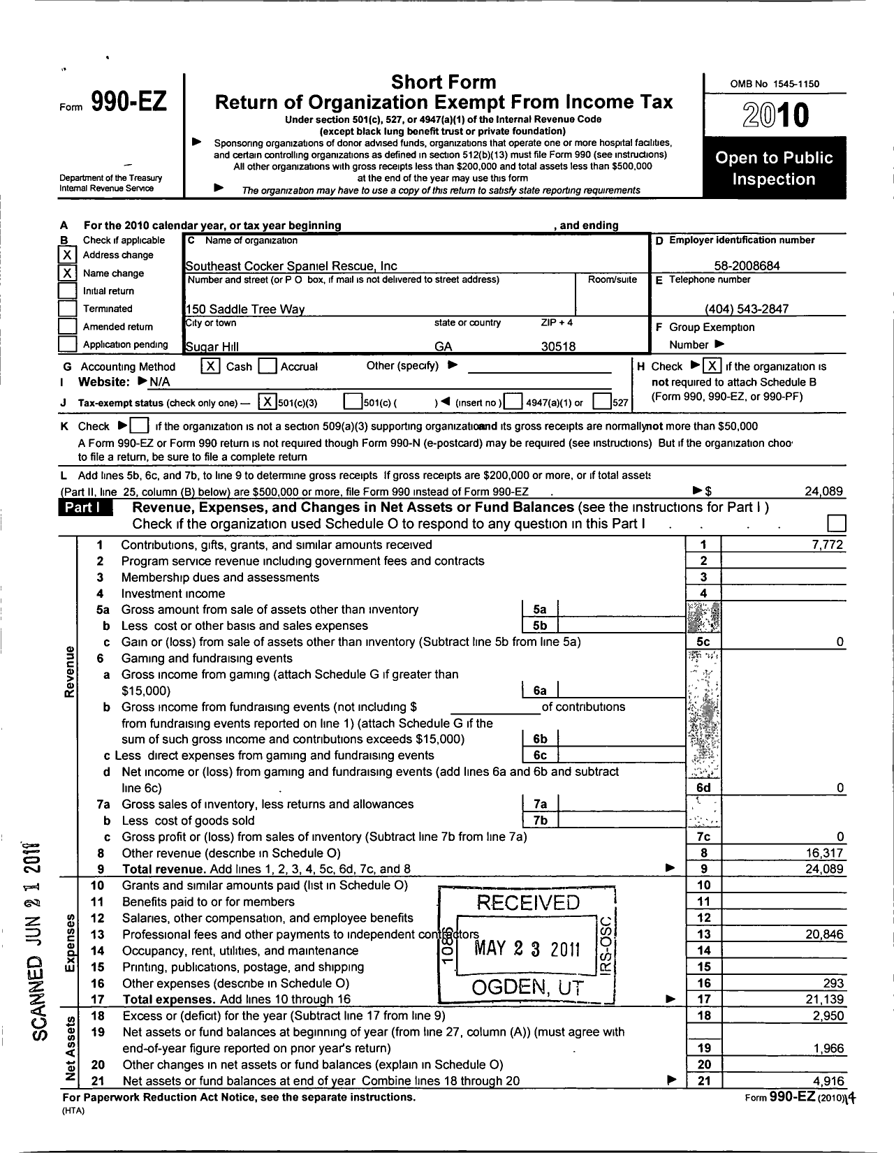 Image of first page of 2010 Form 990EZ for Cockers and More Rescue