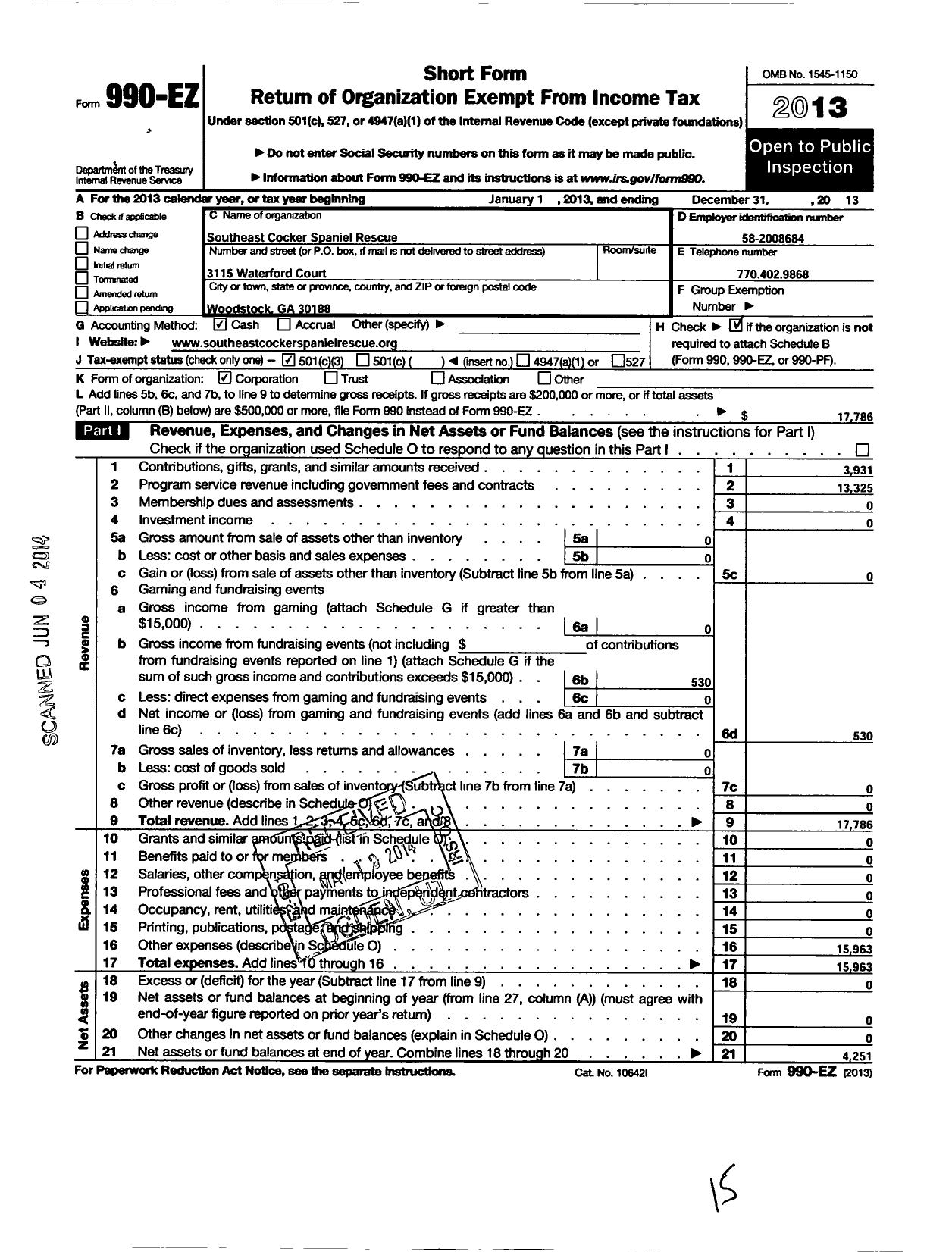 Image of first page of 2013 Form 990EZ for Cockers and More Rescue