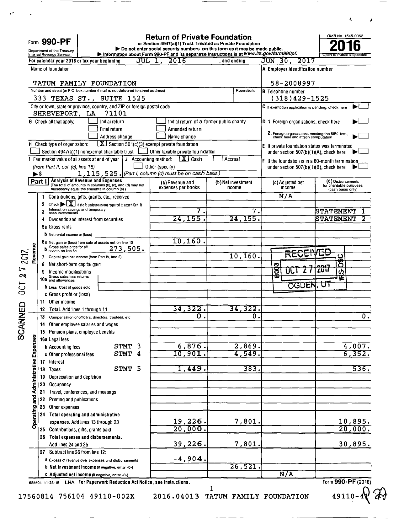 Image of first page of 2016 Form 990PF for The Tatum Family Foundation