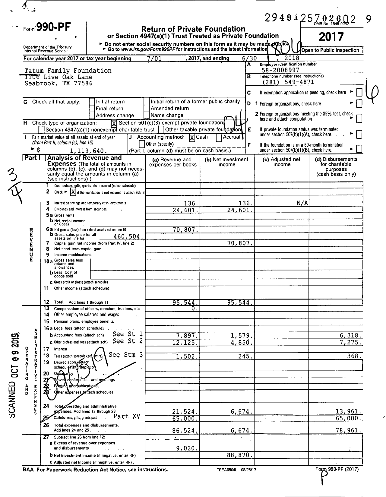 Image of first page of 2017 Form 990PF for The Tatum Family Foundation