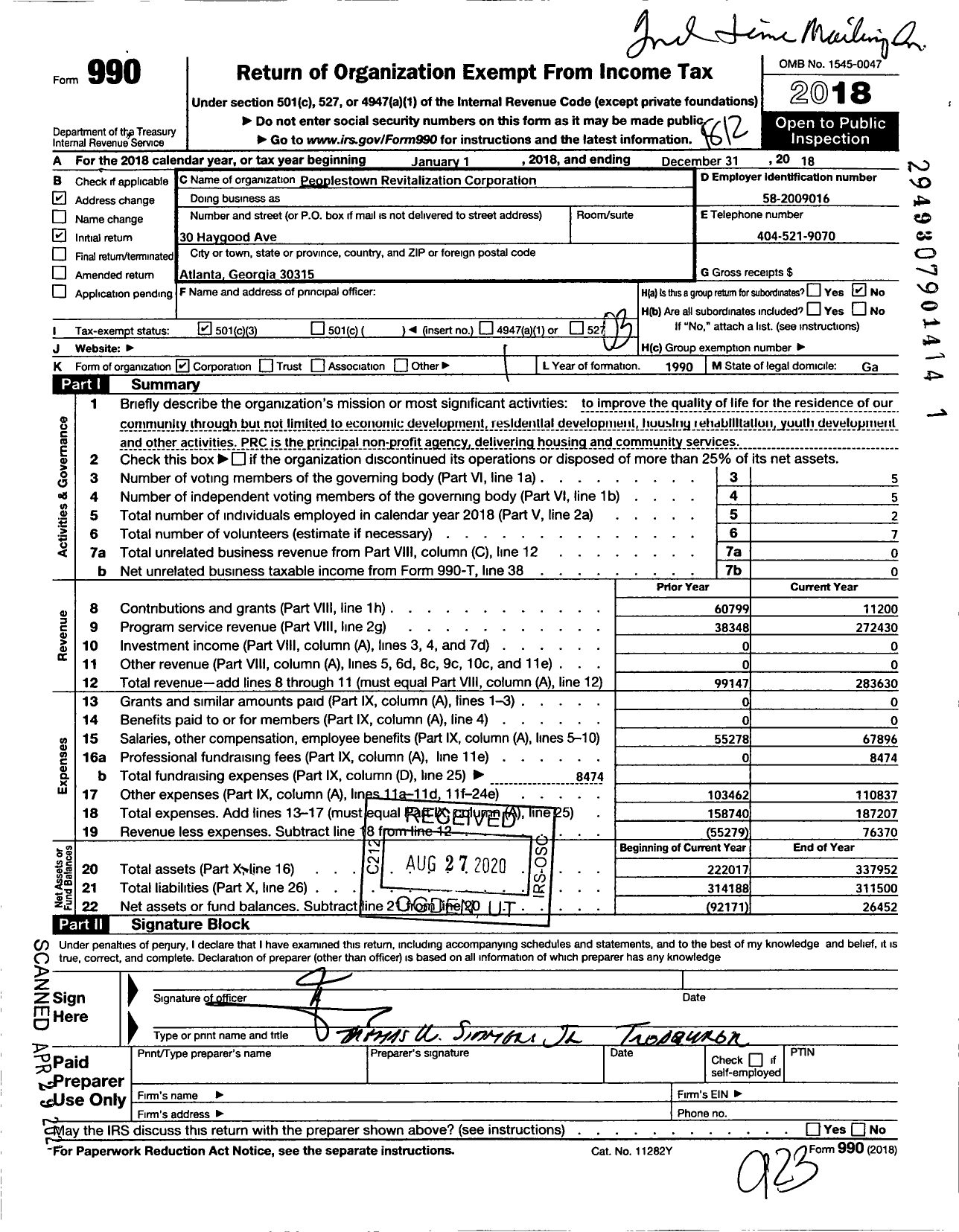 Image of first page of 2018 Form 990 for Peoplestown Revitalization Corporation