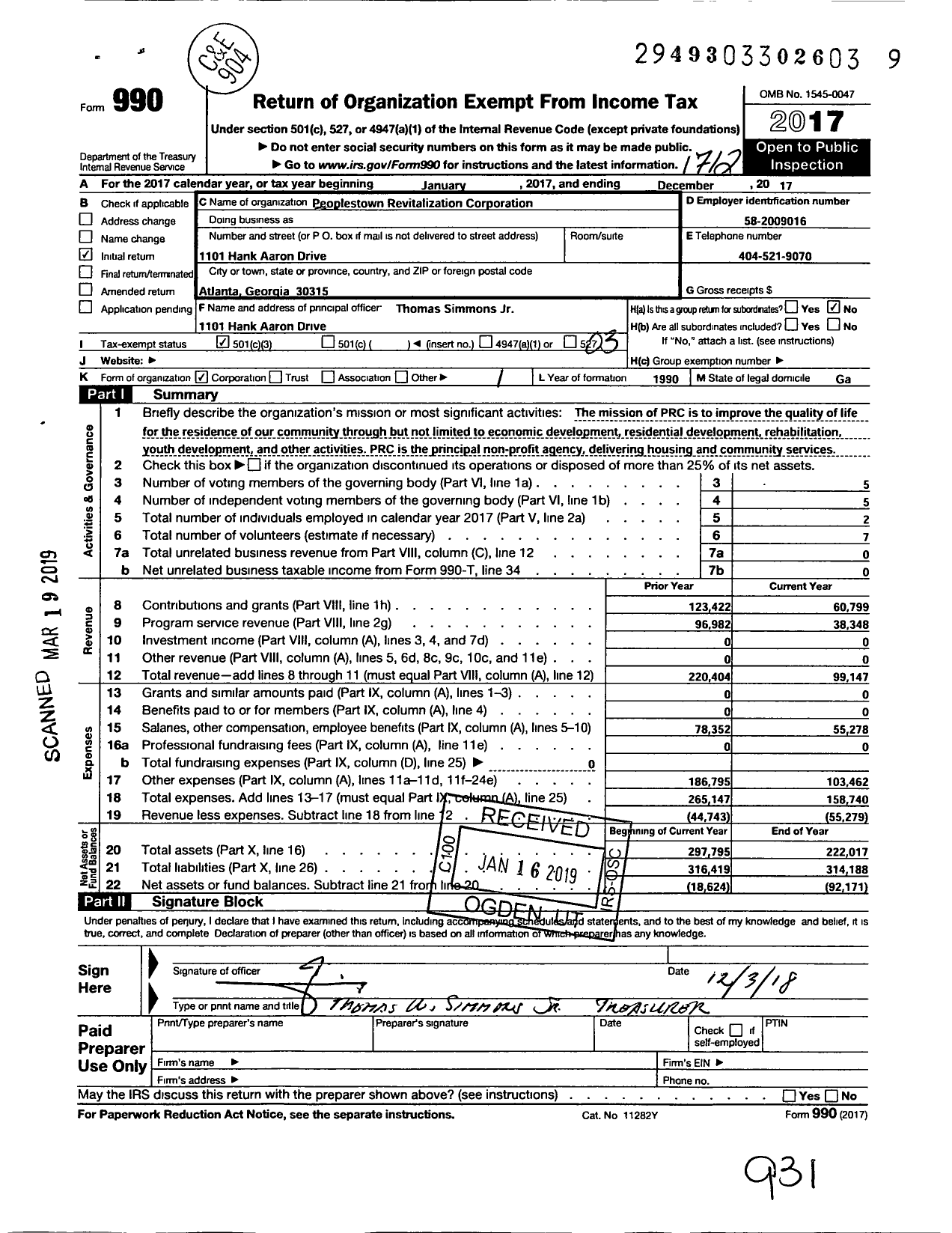Image of first page of 2017 Form 990 for Peoplestown Revitalization Corporation