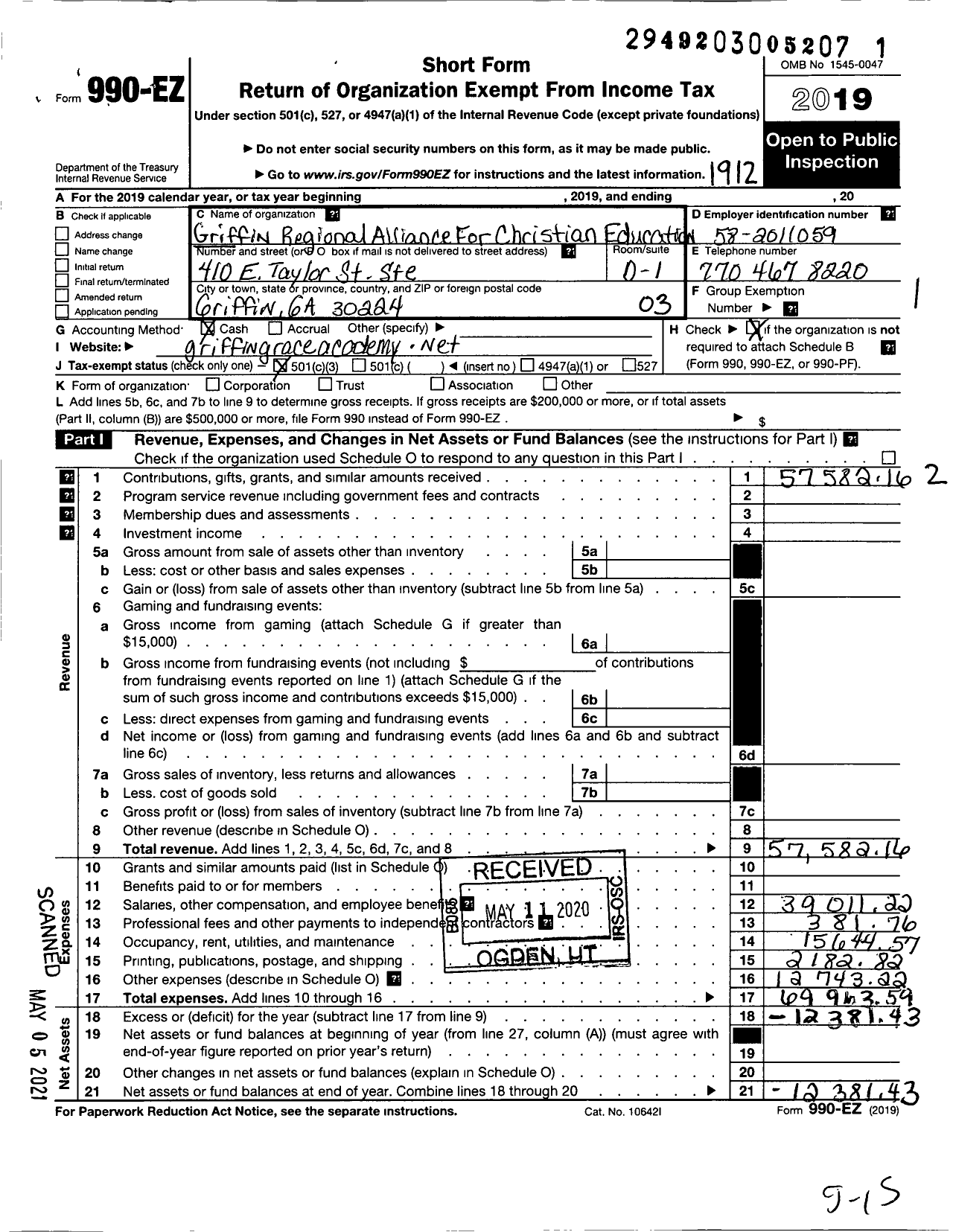 Image of first page of 2019 Form 990EZ for Griffin Regional Alliance For Christian Education