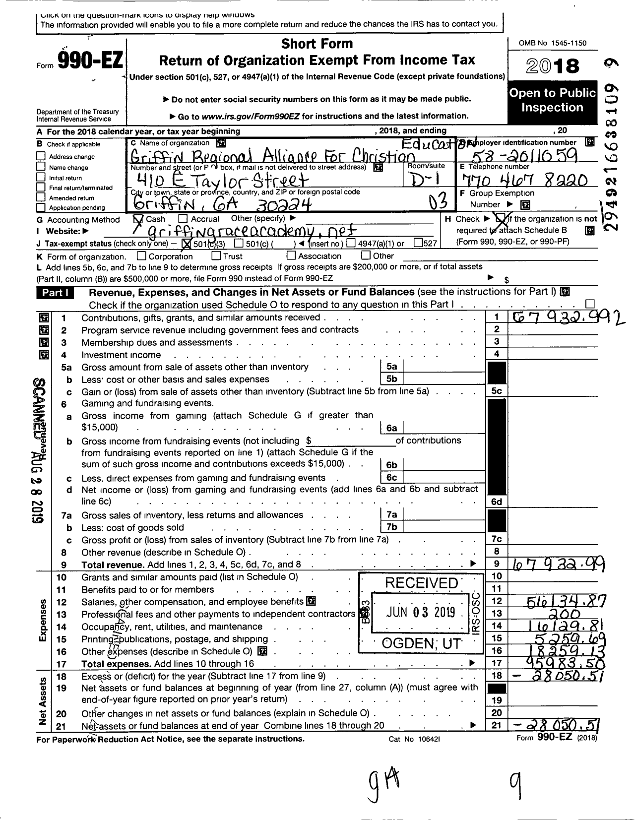 Image of first page of 2018 Form 990EZ for Griffin Regional Alliance For Christian Education