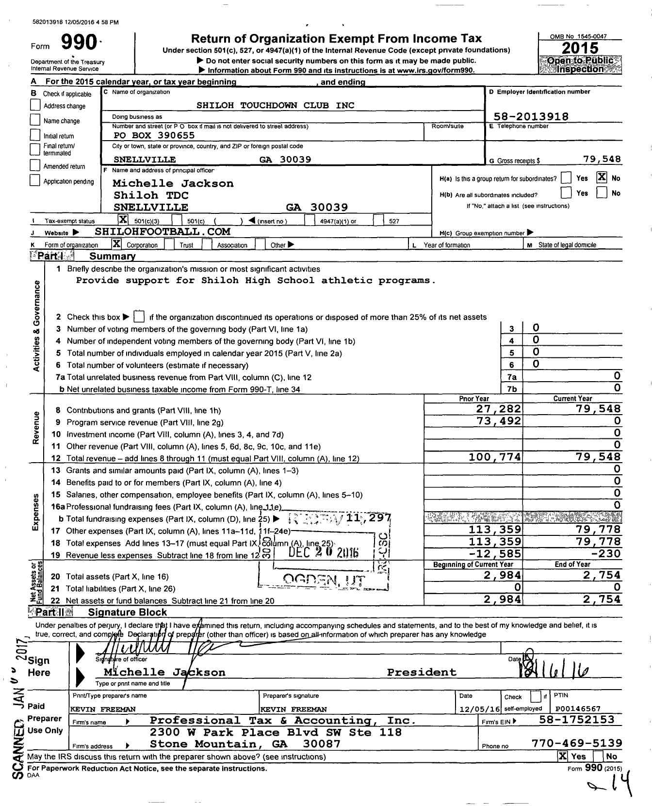 Image of first page of 2015 Form 990 for Shiloh Touchdown Club