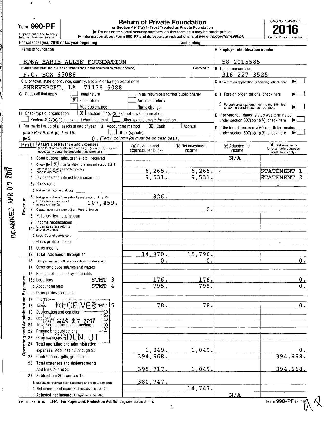 Image of first page of 2016 Form 990PF for The Edna Marie and Charles Allen Foundation