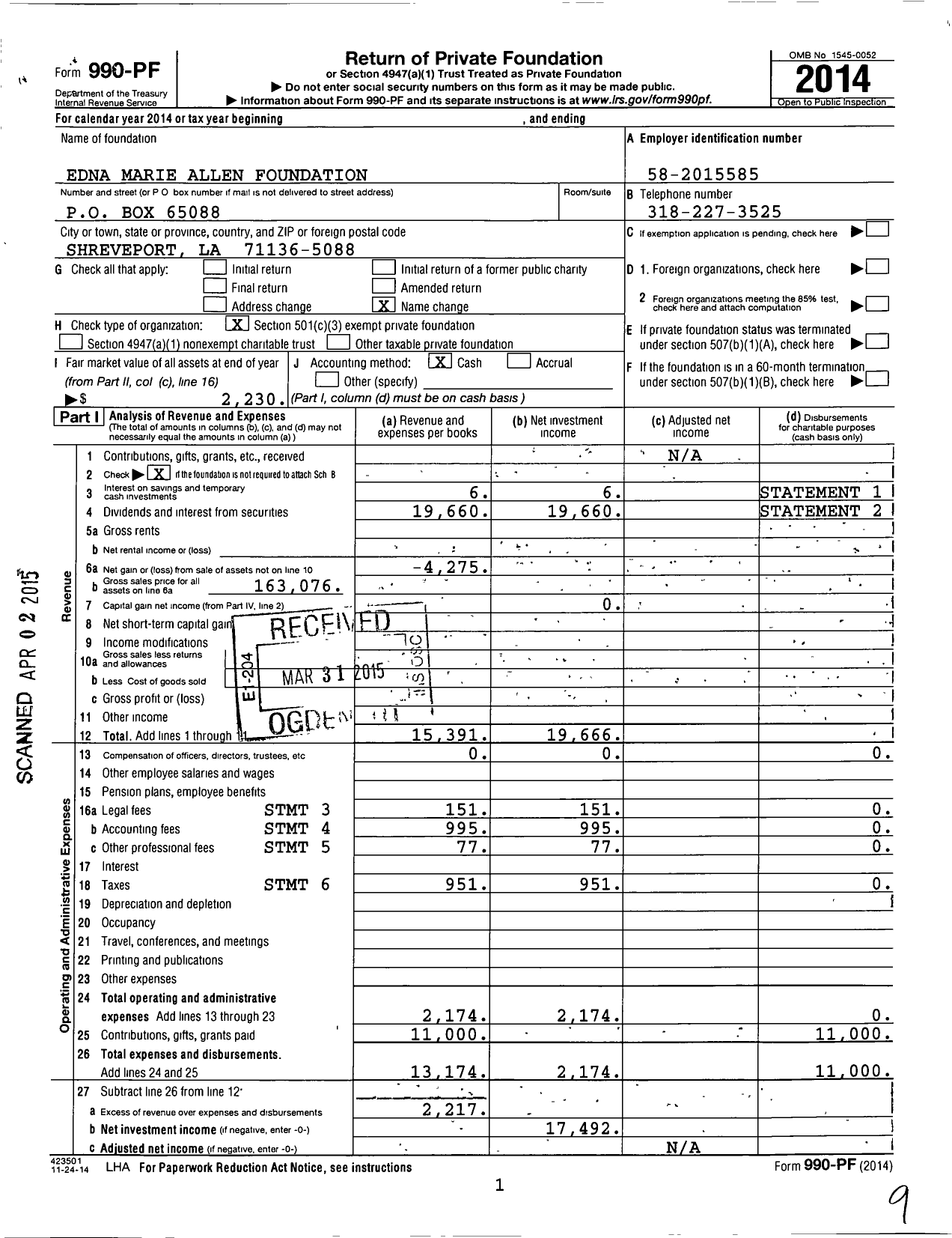 Image of first page of 2014 Form 990PF for The Edna Marie and Charles Allen Foundation