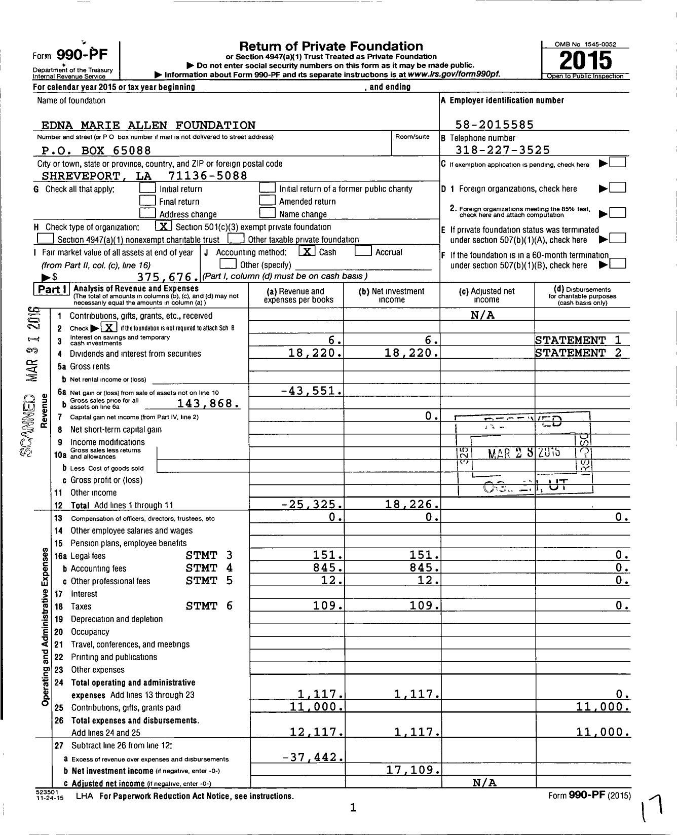 Image of first page of 2015 Form 990PF for The Edna Marie and Charles Allen Foundation