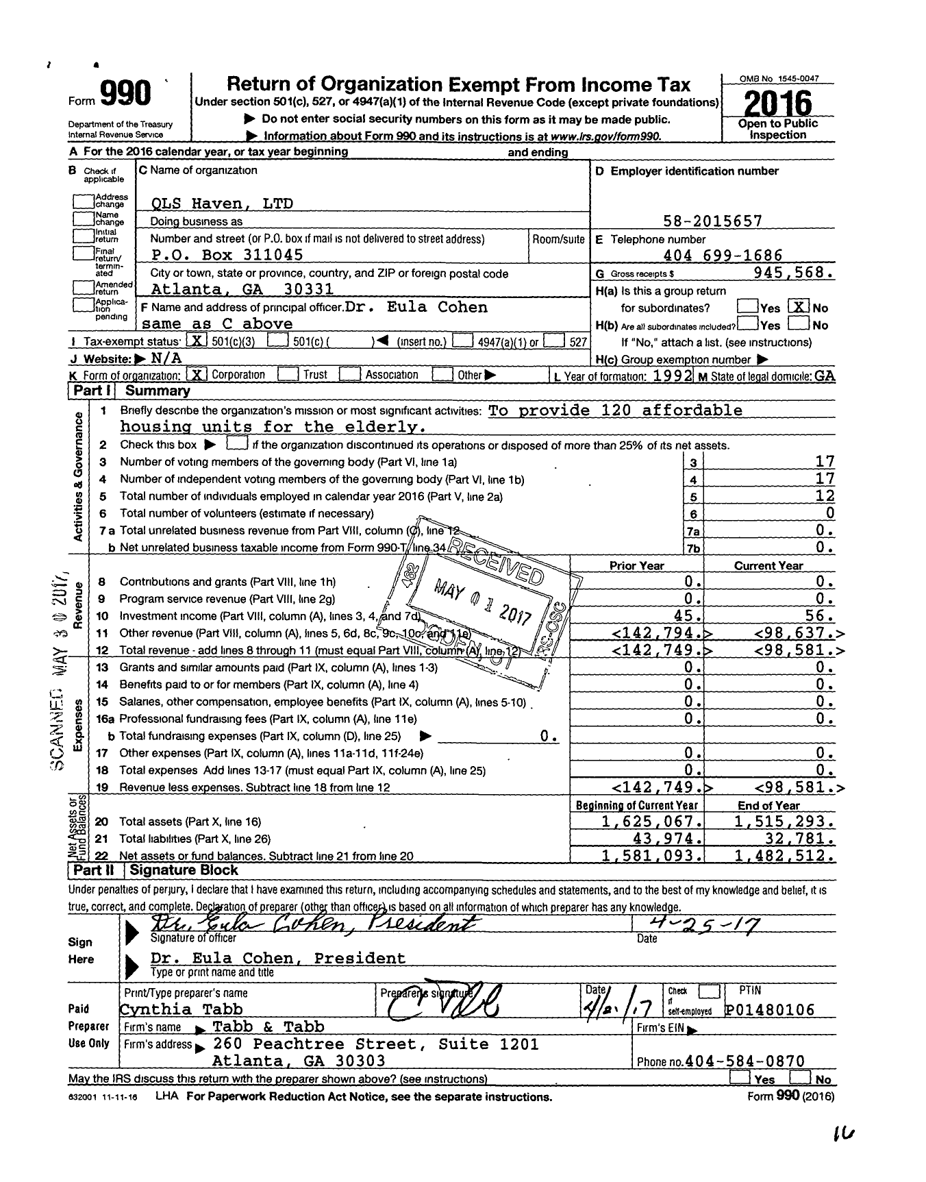 Image of first page of 2016 Form 990 for QLS Haven