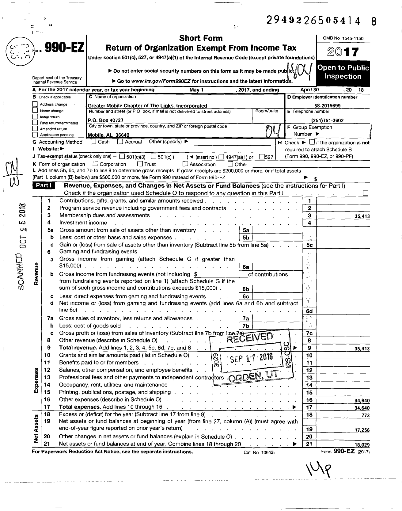 Image of first page of 2017 Form 990EO for Links Incorporated / Greater Mobile Chapter