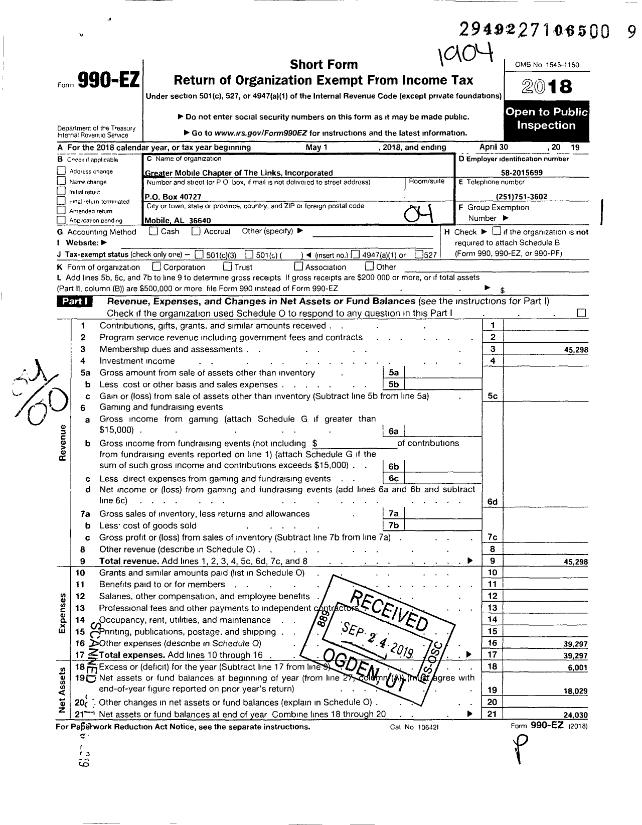 Image of first page of 2018 Form 990EO for Links Incorporated / Greater Mobile Chapter