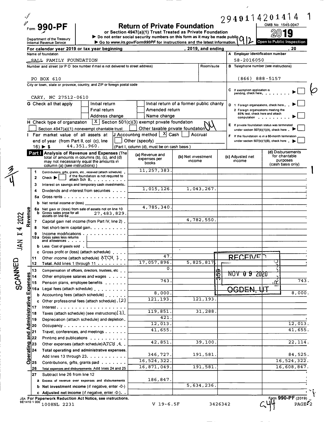 Image of first page of 2019 Form 990PF for Sall Family Foundation