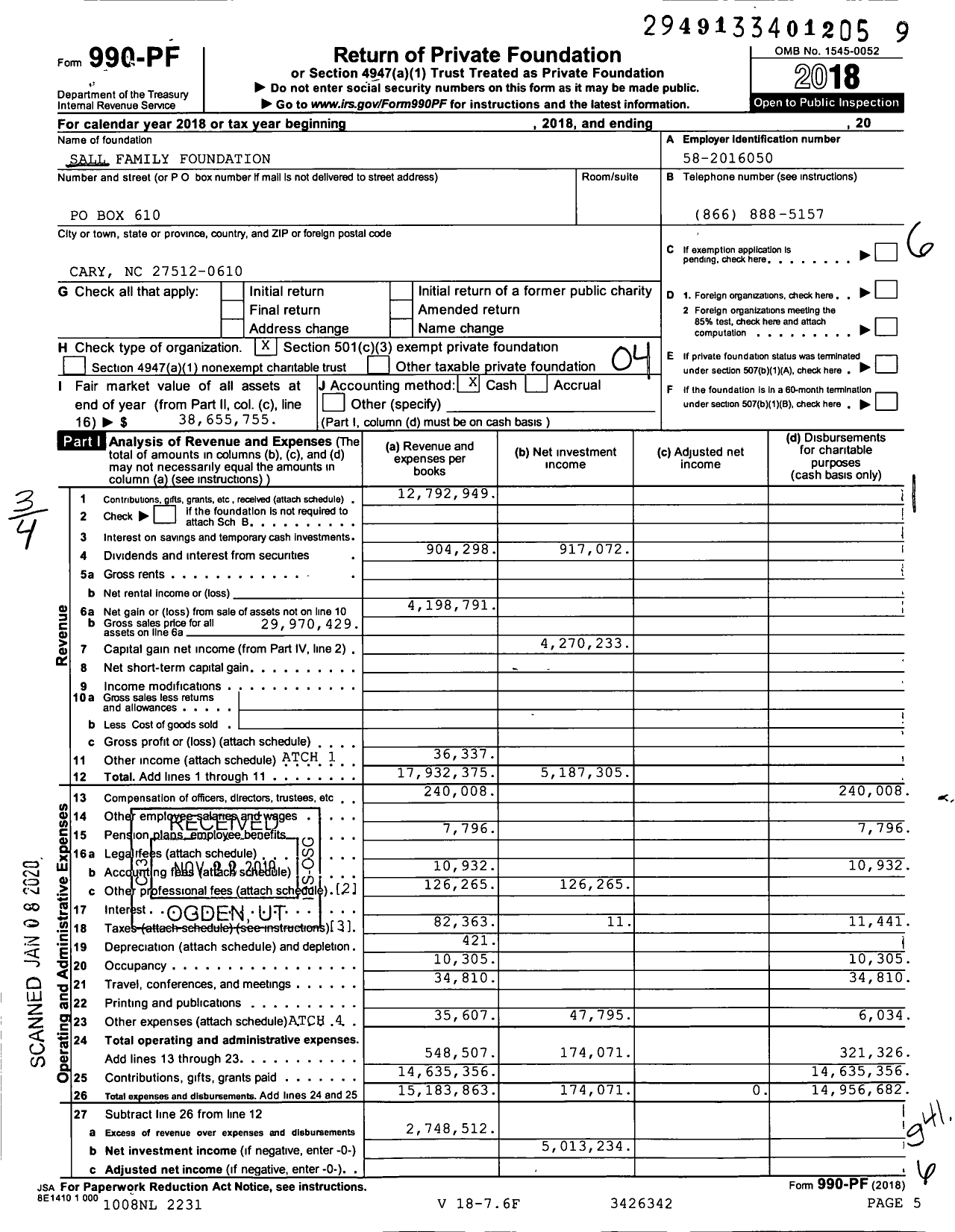 Image of first page of 2018 Form 990PF for Sall Family Foundation