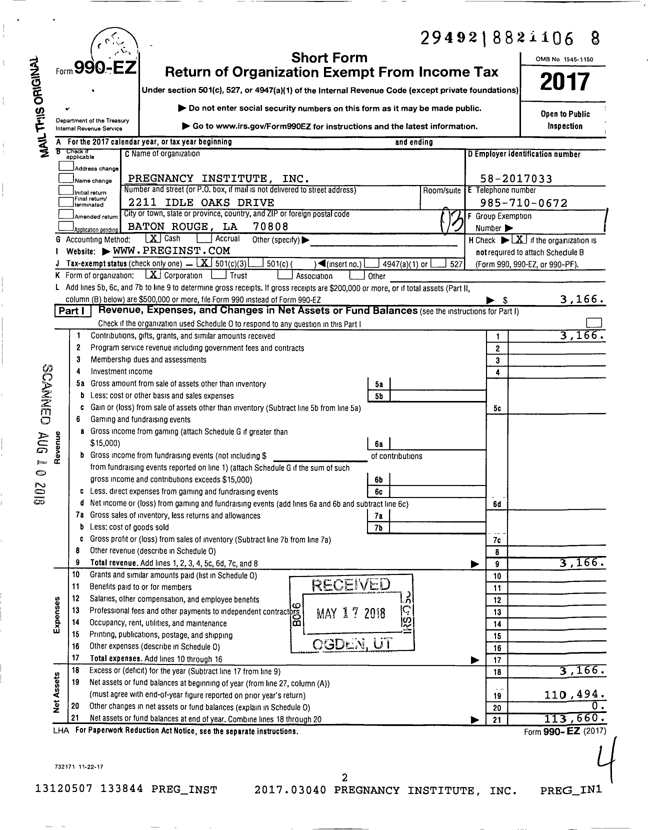 Image of first page of 2017 Form 990EZ for Pregnancy Institute