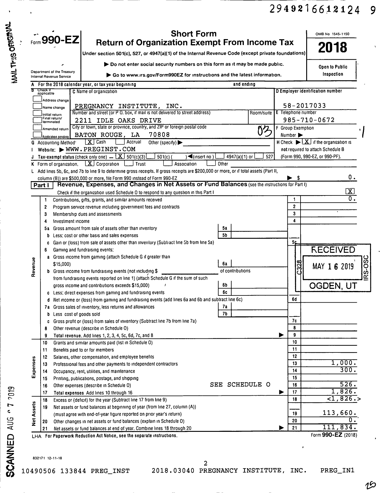 Image of first page of 2018 Form 990EZ for Pregnancy Institute