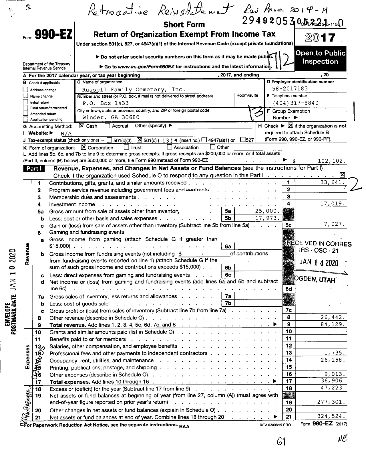 Image of first page of 2017 Form 990EO for Russell Family Cemetery