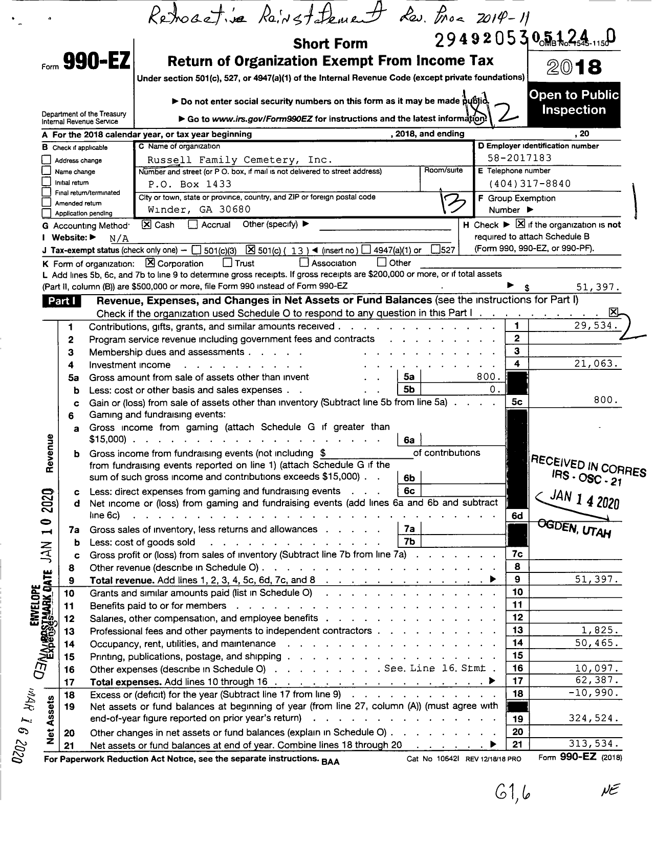 Image of first page of 2018 Form 990EO for Russell Family Cemetery