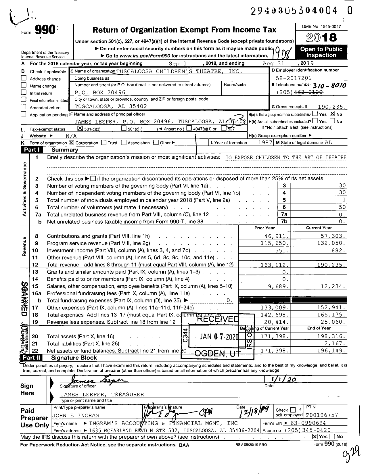 Image of first page of 2018 Form 990 for Tuscaloosa Children's Theatre