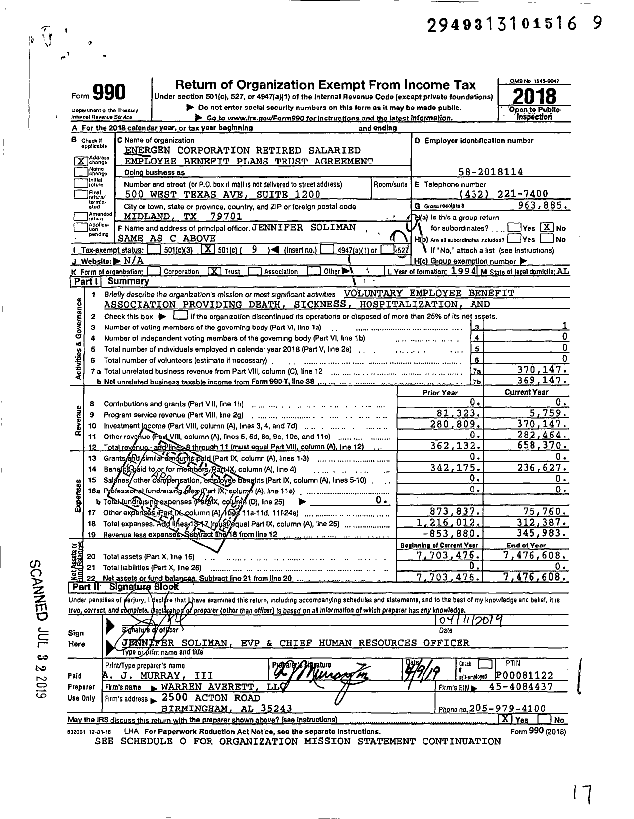 Image of first page of 2018 Form 990O for Energen Corporation Retired Salaried Employee Benefit Plans Trust Agreement
