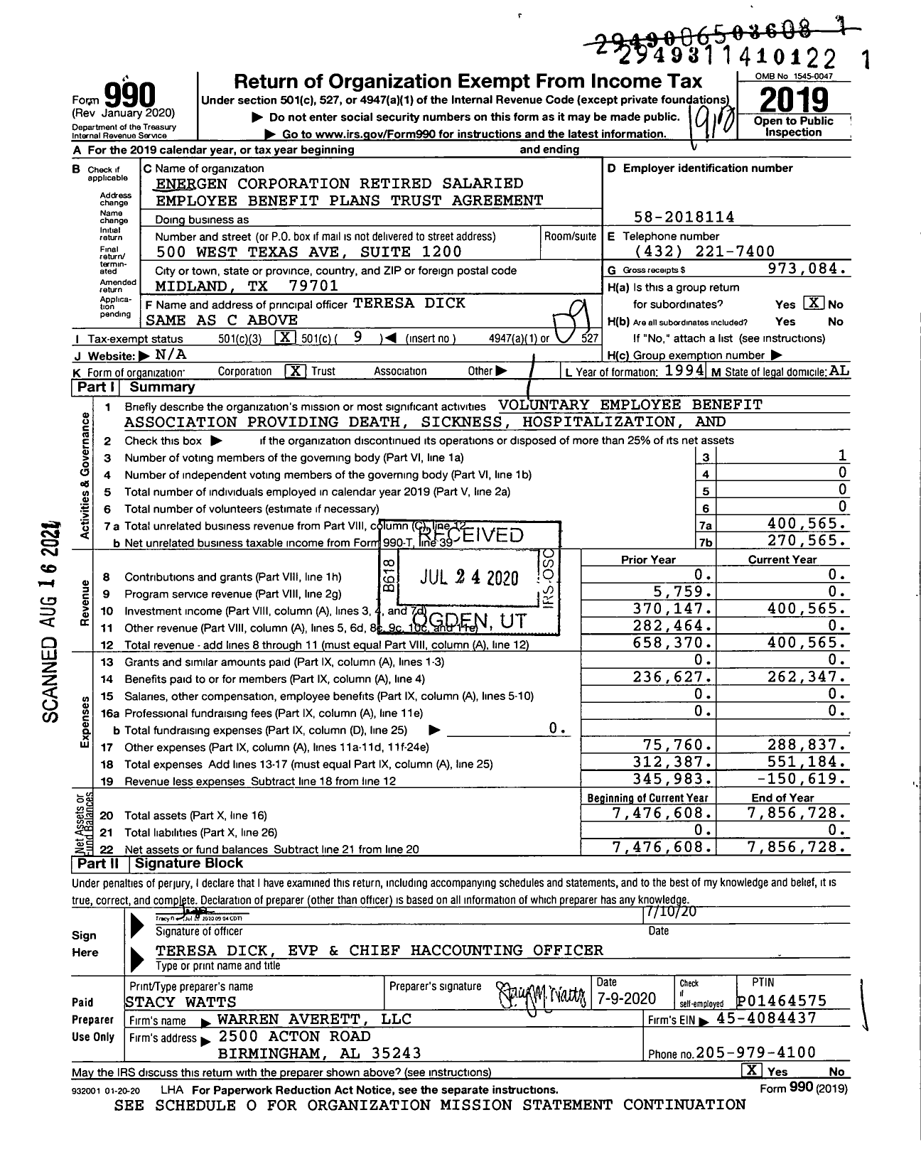 Image of first page of 2019 Form 990O for Energen Corporation Retired Salaried Employee Benefit Plans Trust Agreement