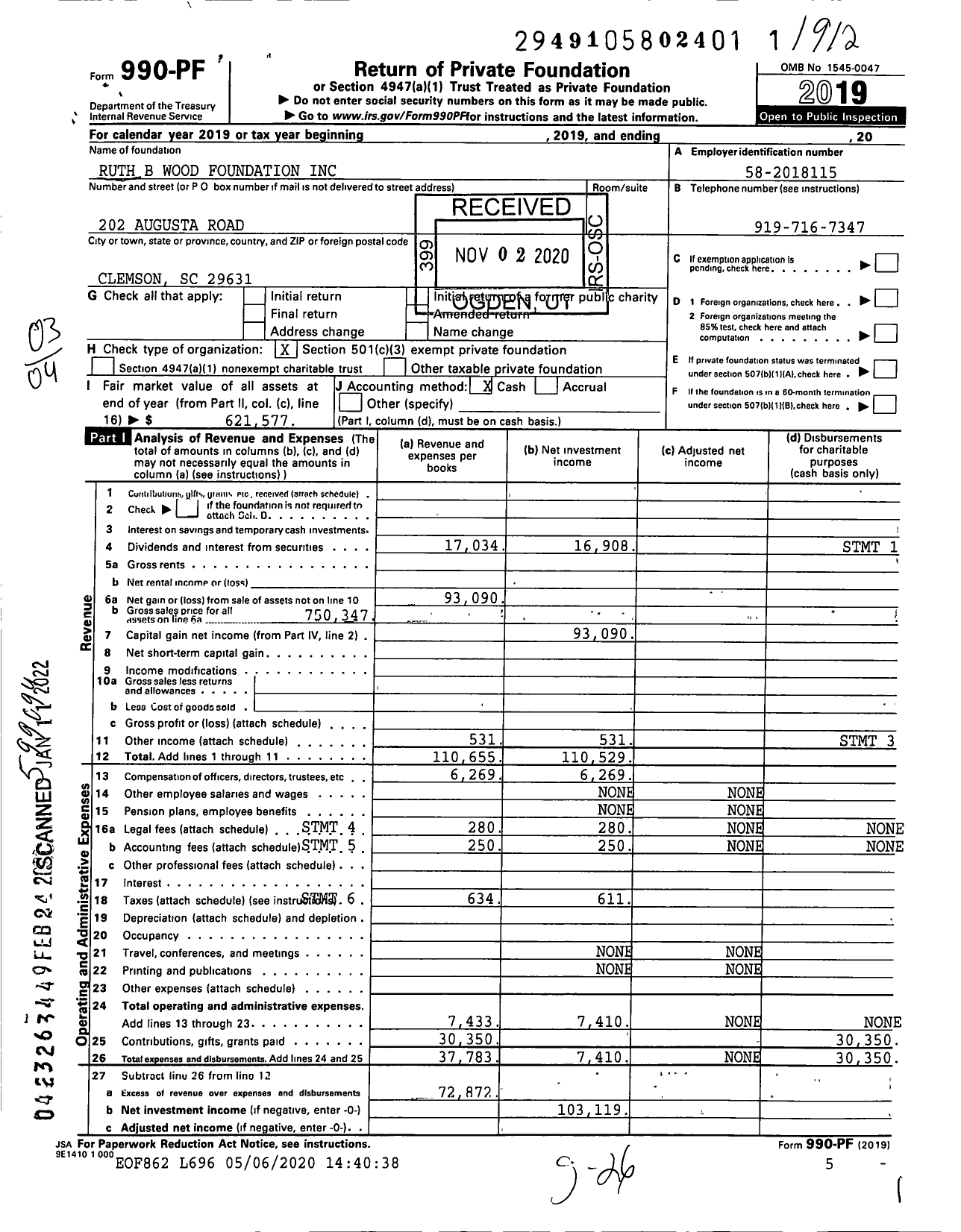 Image of first page of 2019 Form 990PF for Ruth B Wood Foundation