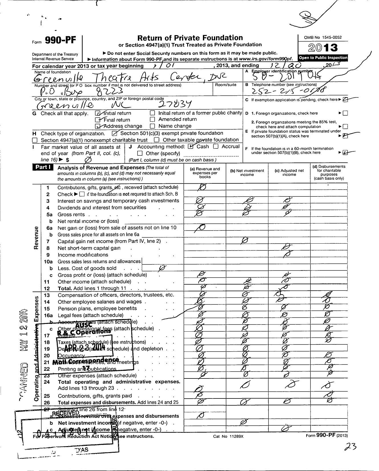 Image of first page of 2013 Form 990PF for Greenville Theatre Arts Center