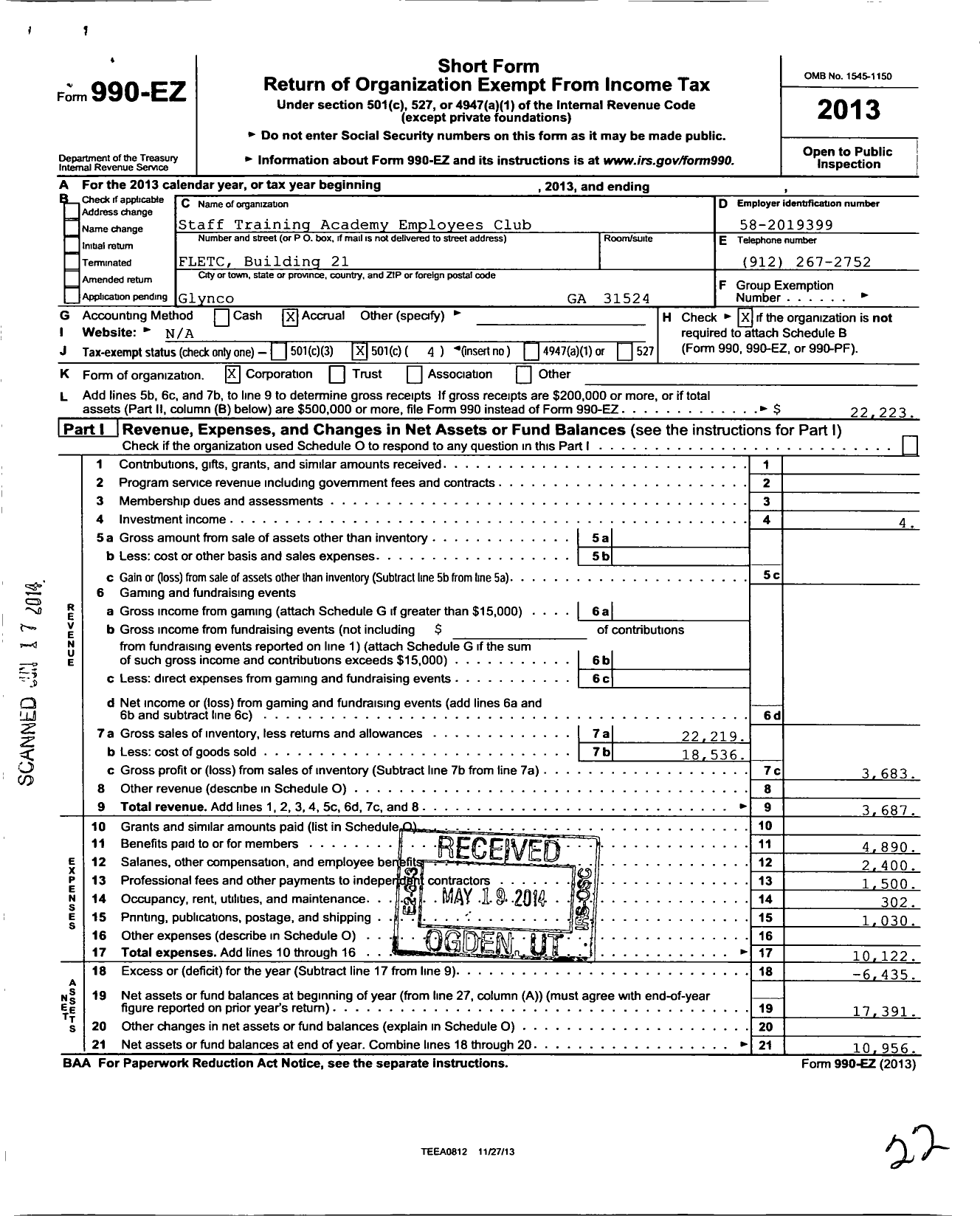 Image of first page of 2013 Form 990EO for Staff Training Academy Employees Club