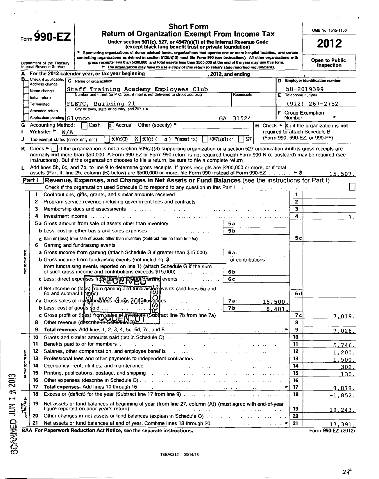 Image of first page of 2012 Form 990EO for Staff Training Academy Employees Club