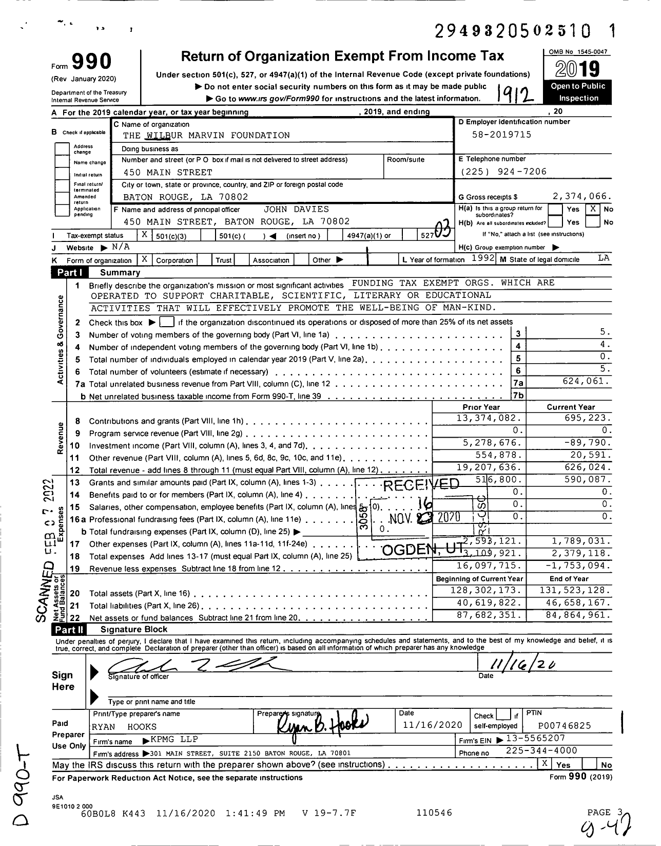 Image of first page of 2019 Form 990 for The Wilbur Marvin Foundation