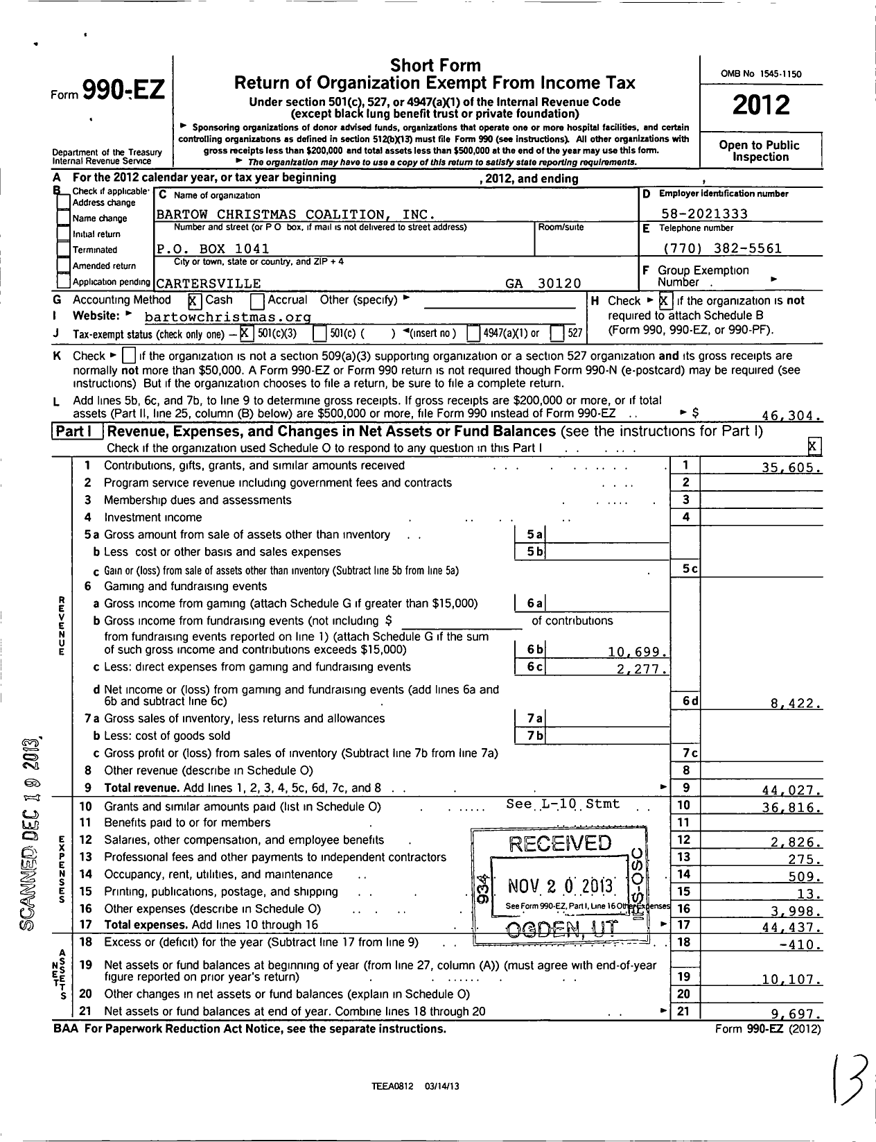 Image of first page of 2012 Form 990EZ for Bartow Christmas Coalition