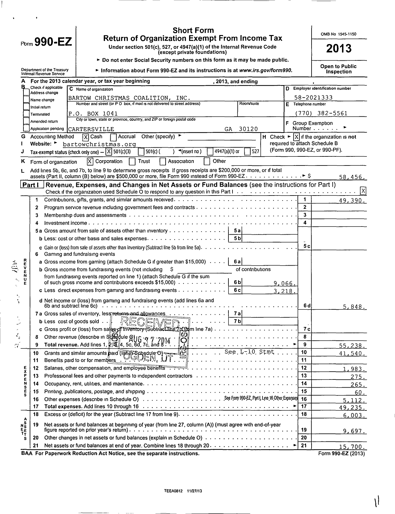 Image of first page of 2013 Form 990EZ for Bartow Christmas Coalition