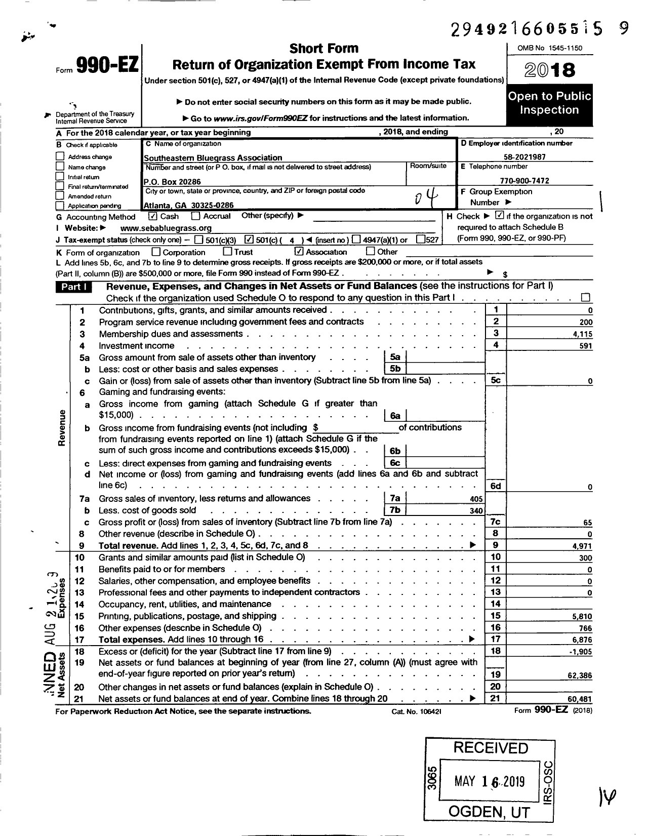 Image of first page of 2018 Form 990EO for Southeastern Bluegrass Association