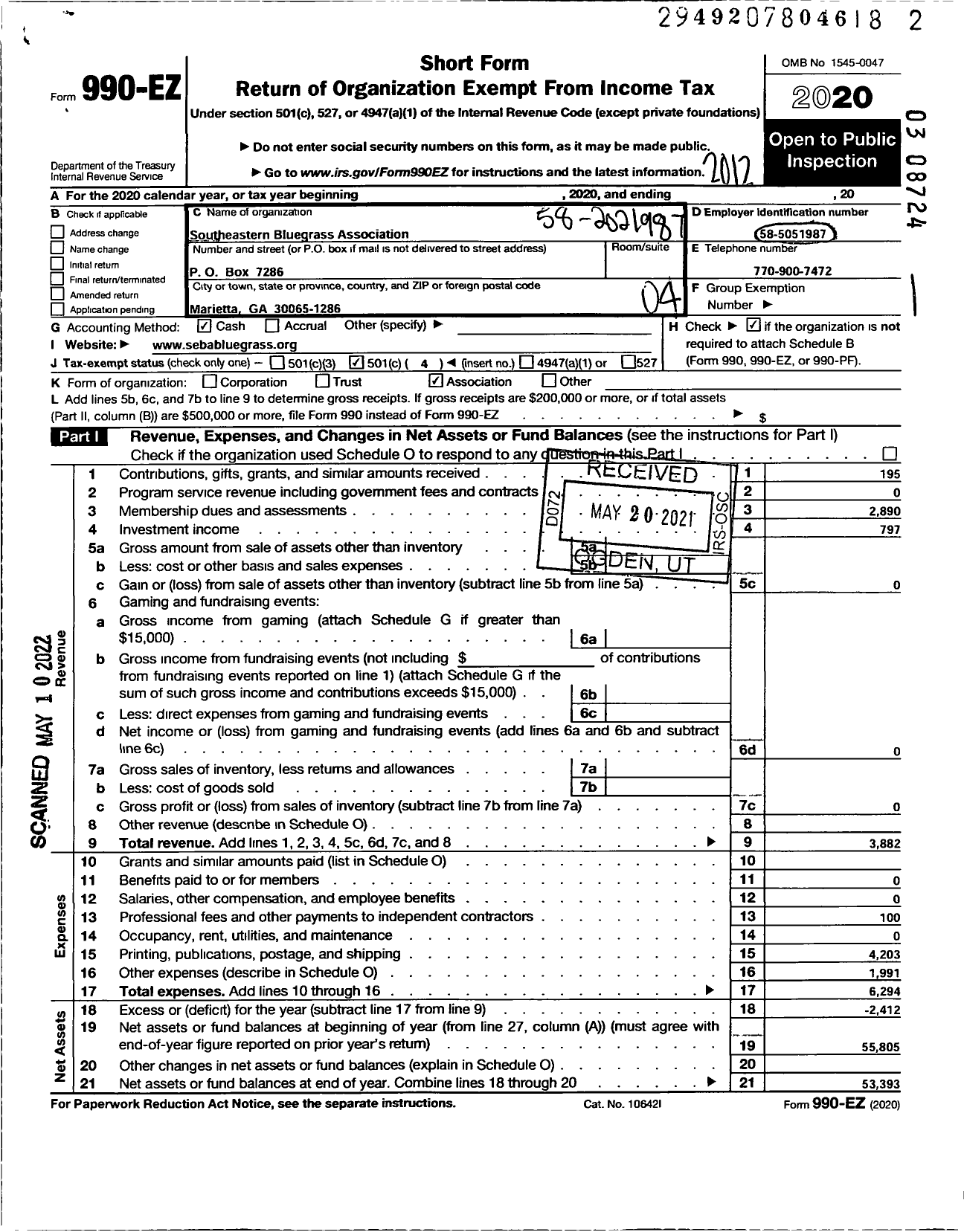 Image of first page of 2020 Form 990EO for Southeastern Bluegrass Association